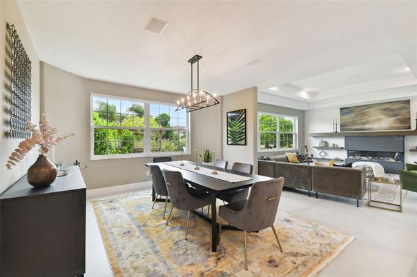 Chandelier, Dining room, Fireplace, Interior, Living room, Pendant Lights, Recessed Lighting