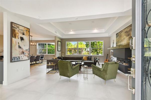 Dining room, Fireplace, Interior, Living room, Pendant Lights, Recessed Lighting