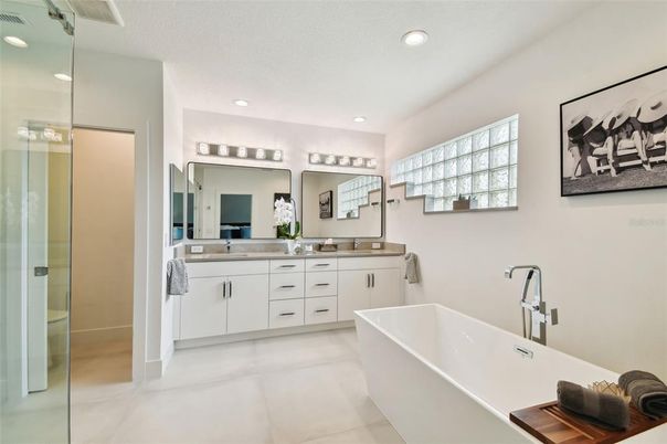 Bathroom, Dual Sink Vanities, Free Standing Baths, Glass Shower, Interior, Recessed Lighting