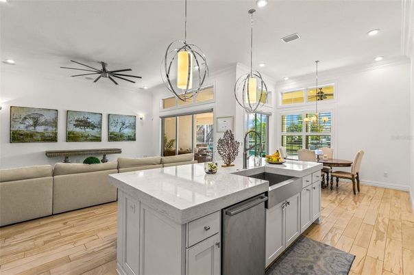 Dining room, Interior, Kitchen, Living room, Pendant Lights, Recessed Lighting, Wood Texture Flooring