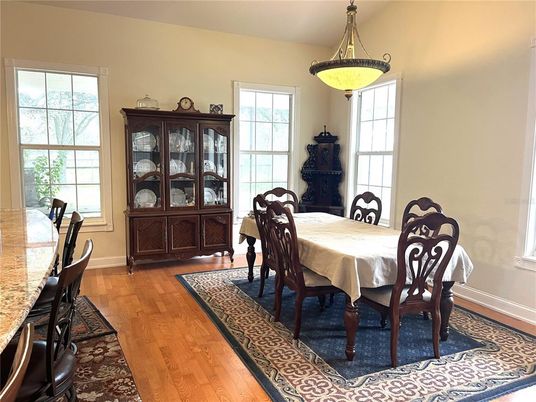 Dining room, Interior, Pendant Lights, Wood Texture Flooring