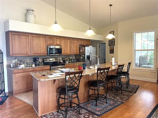 Interior, Kitchen, Pendant Lights, Stainless Steel Appliances, Wood Texture Flooring