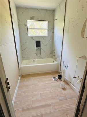 Bathroom, Interior, Marble Walls, Wood Texture Flooring