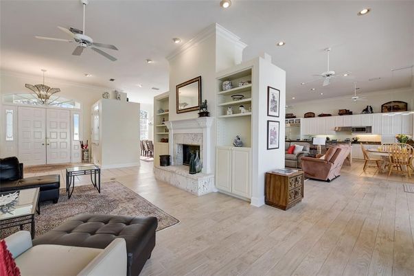 Dining room, Fireplace, Interior, Kitchen, Living room, Pendant Lights, Recessed Lighting, Wood Texture Flooring