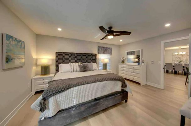 Bedroom, Interior, Recessed Lighting, Wood Texture Flooring