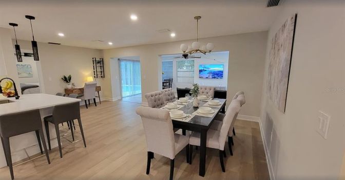 Dining room, Interior, Pendant Lights, Recessed Lighting, Wood Texture Flooring