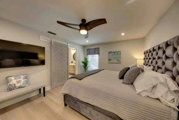 Bedroom, Interior, Recessed Lighting, Wood Texture Flooring