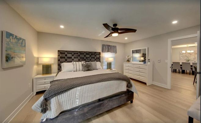 Bedroom, Dining room, Interior, Recessed Lighting, Wood Texture Flooring