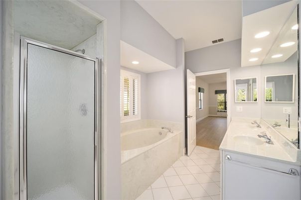 Bathroom, Glass Shower, Interior, Marble Walls, Recessed Lighting, Wood Texture Flooring