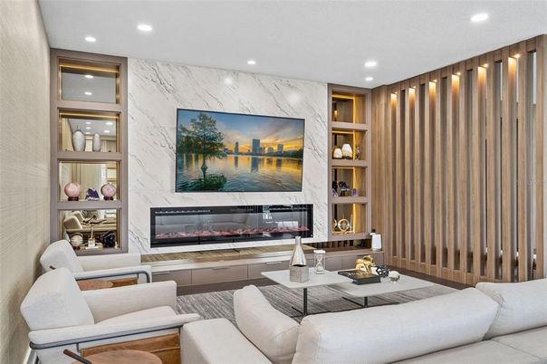 Fireplace, Interior, Living room, Marble Walls, Recessed Lighting