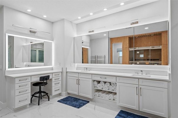 Bathroom, Dual Sink Vanities, Interior, Marble, Recessed Lighting