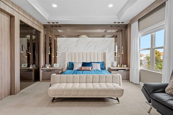Bedroom, Interior, Marble Walls, Recessed Lighting