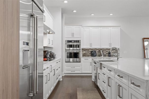 Interior, Kitchen, Recessed Lighting, Stainless Steel Appliances, Wood Texture Flooring