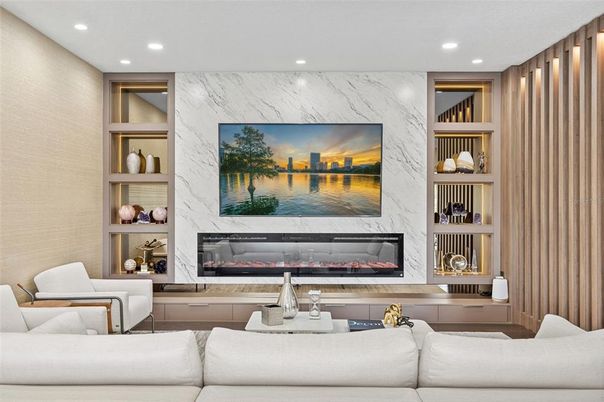 Fireplace, Interior, Living room, Marble Walls, Recessed Lighting