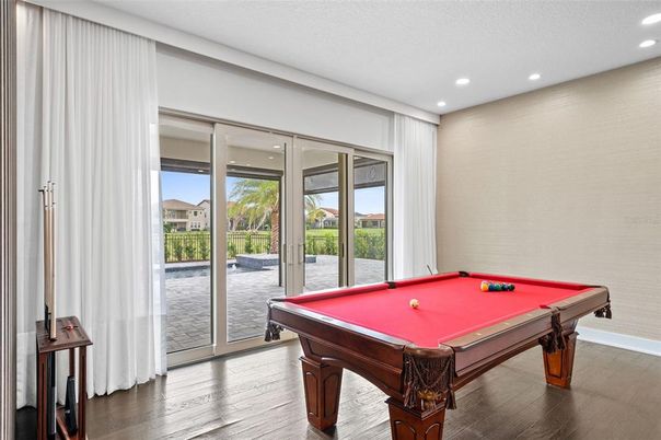 Billiard Table, Game Room, Interior, Recessed Lighting, Wood Texture Flooring