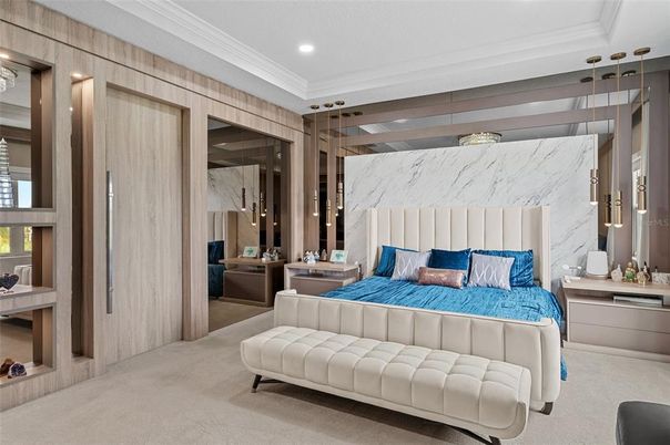 Bedroom, Interior, Marble Walls, Recessed Lighting