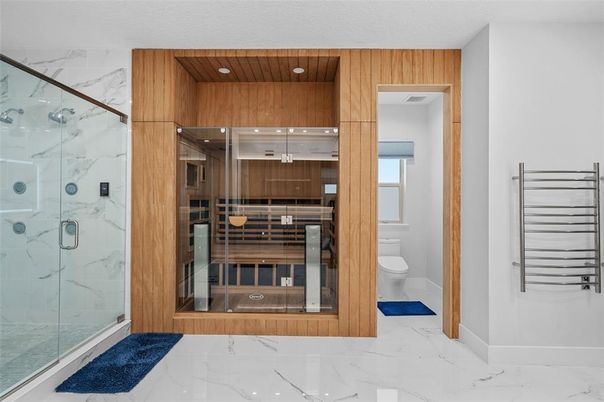 Bathroom, Glass Shower, Interior, Marble, Marble Walls, Recessed Lighting, Sauna Room