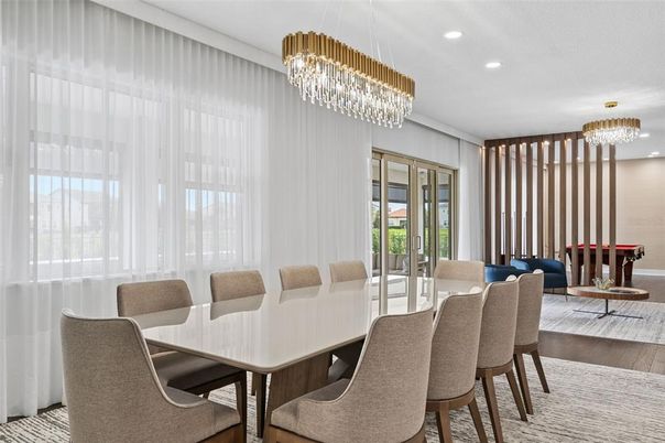 Chandelier, Dining room, Interior, Living room, Recessed Lighting, Wood Texture Flooring