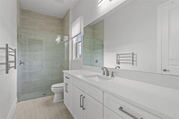Bathroom, Glass Shower, Interior, Wood Texture Flooring