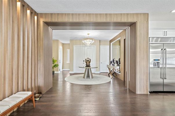 Chandelier, Interior, Kitchen, Recessed Lighting, Stainless Steel Appliances, Wood Texture Flooring