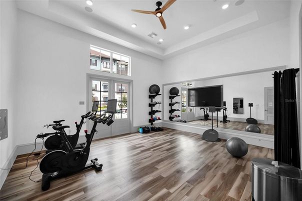 Fitness Equipment, Interior, Recessed Lighting, Wood Texture Flooring