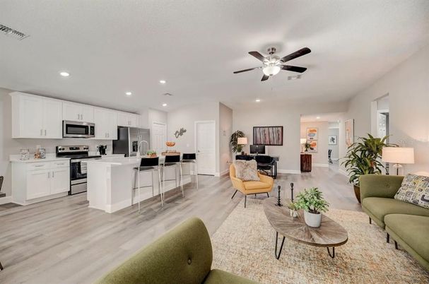 Interior, Kitchen, Living room, Recessed Lighting, Stainless Steel Appliances, Wood Texture Flooring