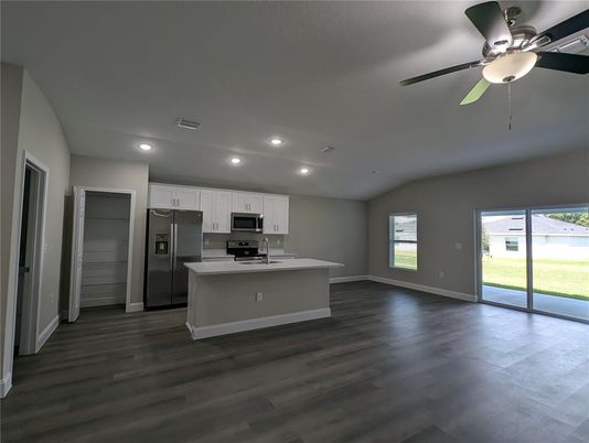 Interior, Kitchen, Recessed Lighting, Stainless Steel Appliances, Wood Texture Flooring