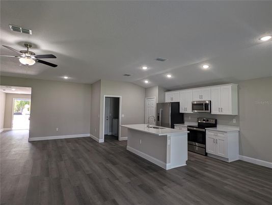 Interior, Kitchen, Recessed Lighting, Stainless Steel Appliances, Wood Texture Flooring