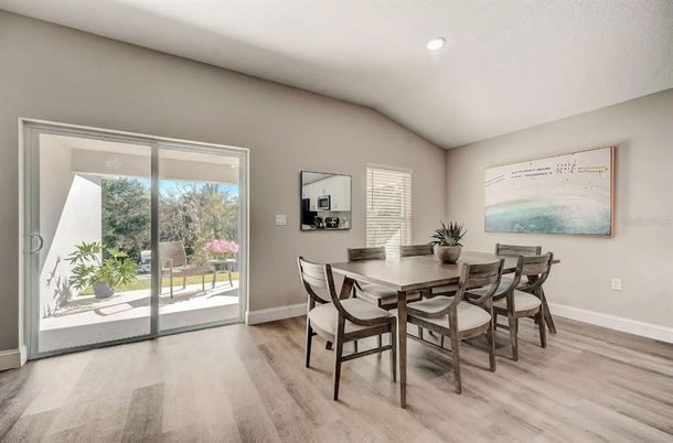 Dining room, Interior, Recessed Lighting, Wood Texture Flooring