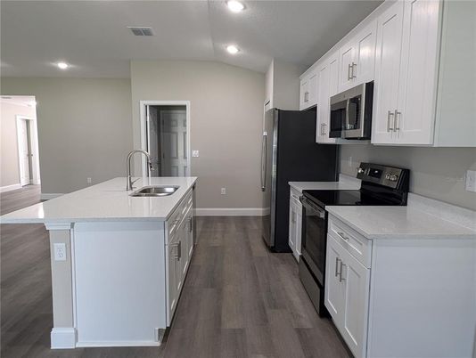 Interior, Kitchen, Recessed Lighting, Wood Texture Flooring
