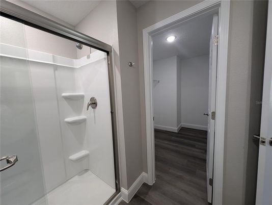 Bathroom, Glass Shower, Interior, Recessed Lighting, Wood Texture Flooring