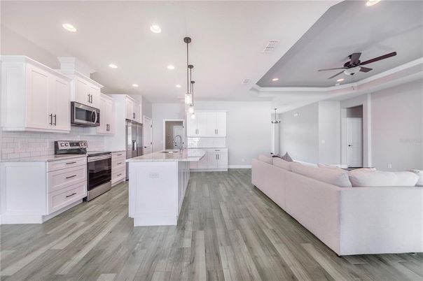 Interior, Kitchen, Living room, Pendant Lights, Recessed Lighting, Stainless Steel Appliances, Wood Texture Flooring