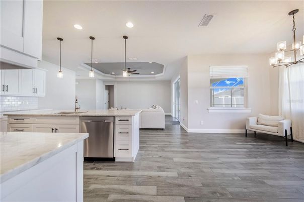 Interior, Kitchen, Living room, Pendant Lights, Recessed Lighting, Stainless Steel Appliances, Wood Texture Flooring