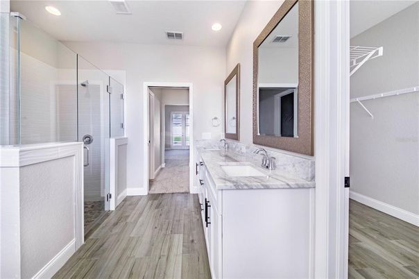 Bathroom, Glass Shower, Interior, Recessed Lighting, Wood Texture Flooring
