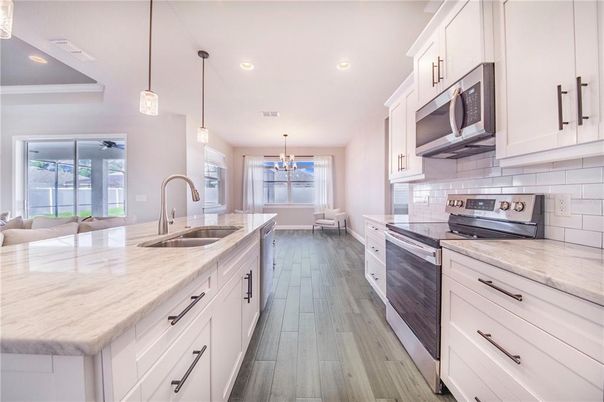 Interior, Kitchen, Pendant Lights, Recessed Lighting, Stainless Steel Appliances, Wood Texture Flooring