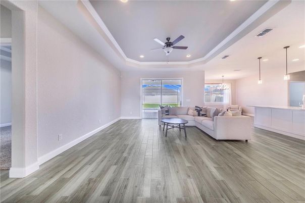 Interior, Living room, Pendant Lights, Recessed Lighting, Wood Texture Flooring