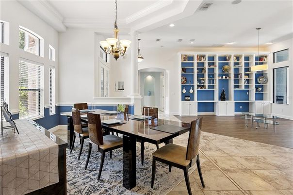 Chandelier, Dining room, Interior, Pendant Lights, Recessed Lighting, Wood Texture Flooring