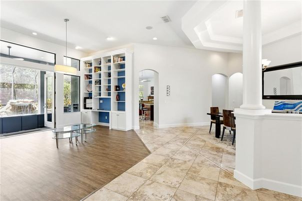 Dining room, Interior, Pendant Lights, Recessed Lighting, Wood Texture Flooring