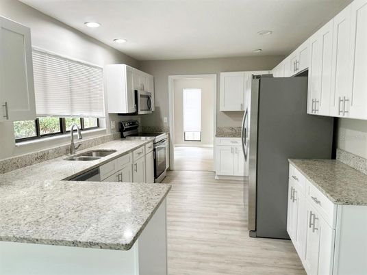 Interior, Kitchen, Recessed Lighting, Wood Texture Flooring