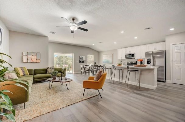 Dining room, Interior, Kitchen, Living room, Recessed Lighting, Stainless Steel Appliances, Wood Texture Flooring