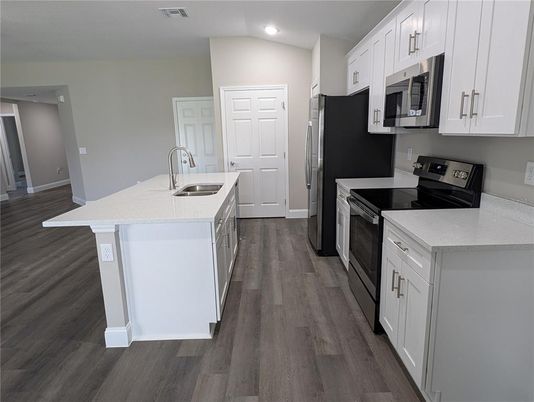 Interior, Kitchen, Recessed Lighting, Wood Texture Flooring