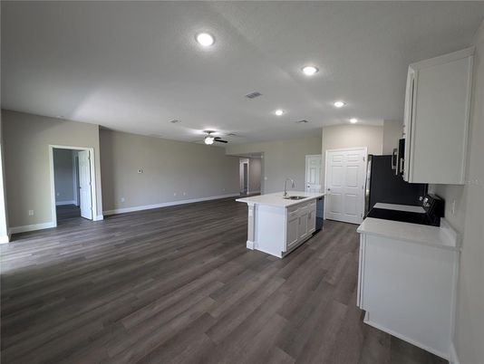 Empty room, Interior, Kitchen, Recessed Lighting, Wood Texture Flooring
