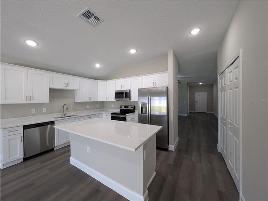 Interior, Kitchen, Recessed Lighting, Stainless Steel Appliances, Wood Texture Flooring