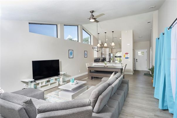 Interior, Kitchen, Living room, Pendant Lights, Recessed Lighting, Stainless Steel Appliances, Wood Texture Flooring