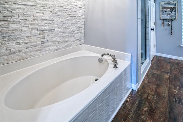 Bathroom, Interior, Stone Walls, Wood Texture Flooring