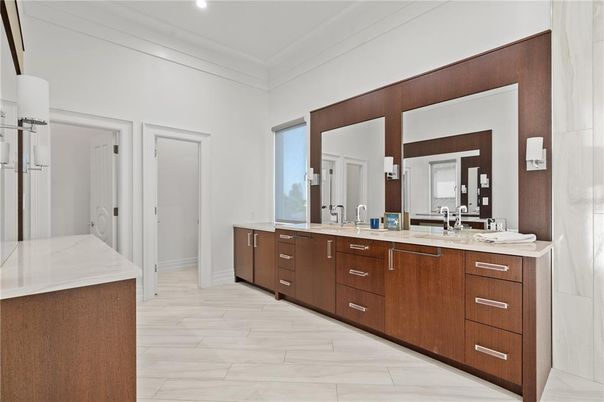 Bathroom, Dual Sink Vanities, Interior, Marble, Recessed Lighting