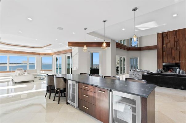 Dining room, Fireplace, Interior, Kitchen, Living room, Pendant Lights, Recessed Lighting, Water