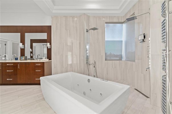 Bathroom, Free Standing Baths, Interior, Recessed Lighting, Wood Texture Flooring