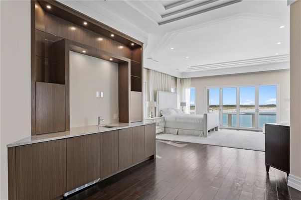 Bedroom, Interior, Recessed Lighting, Water, Wood Texture Flooring