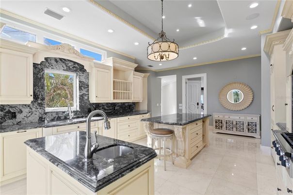 Interior, Kitchen, Marble, Pendant Lights, Recessed Lighting, Stainless Steel Appliances